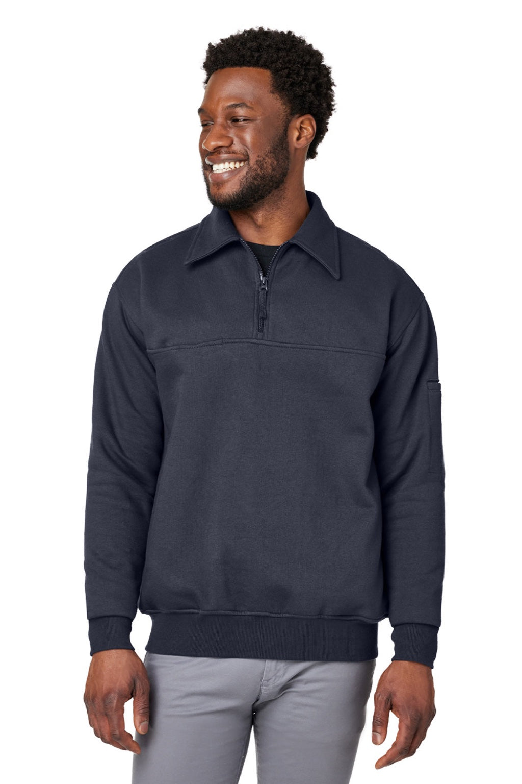Harriton M712 Mens Climabloc Water Resistant 1/4 Zip Sweatshirt w/ Pocket Dark Navy Blue Model Front