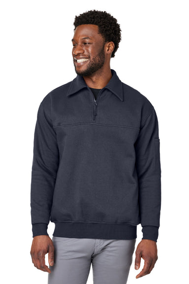 Harriton M712 Mens Climabloc Water Resistant 1/4 Zip Sweatshirt w/ Pocket Dark Navy Blue Model Front