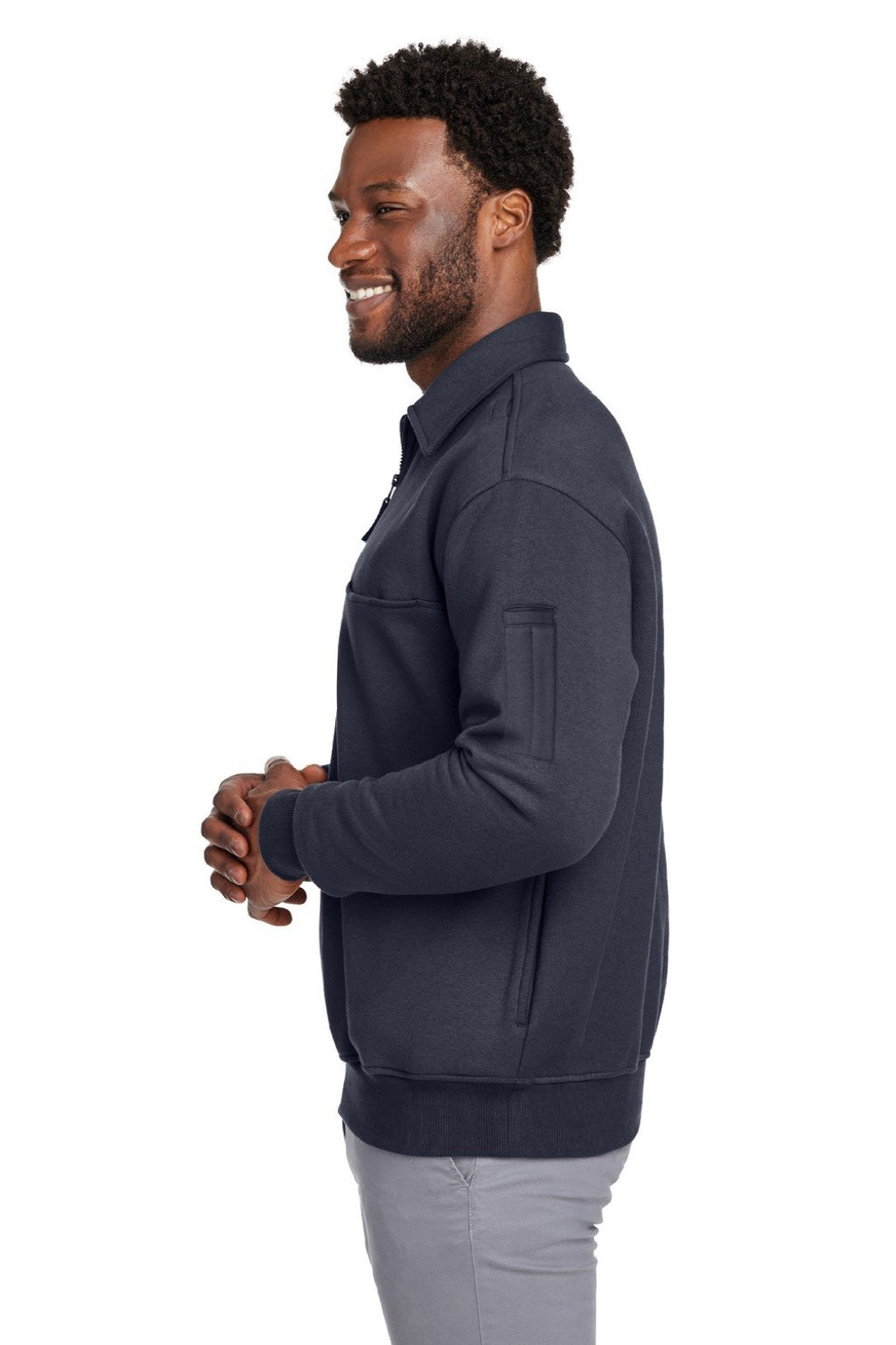 Harriton M712 Mens Climabloc Water Resistant 1/4 Zip Sweatshirt w/ Pocket Dark Navy Blue Model Side