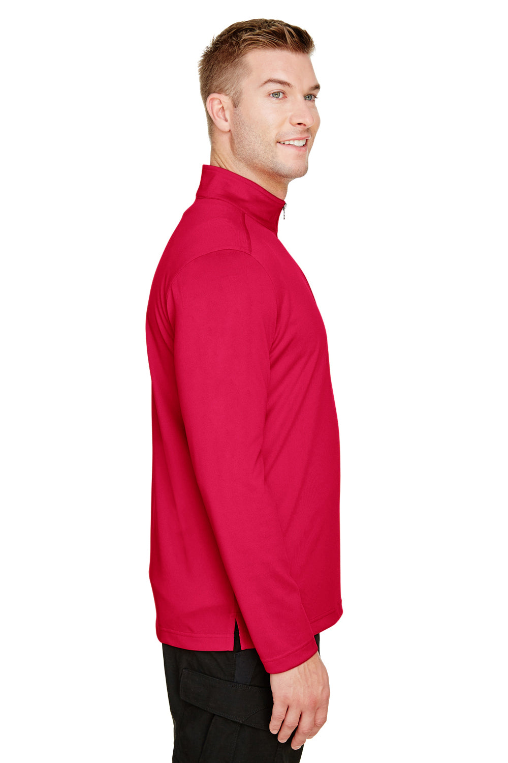 Harriton M748 Mens Advantage Performance Moisture Wicking 1/4 Zip Sweatshirt Red Model Side
