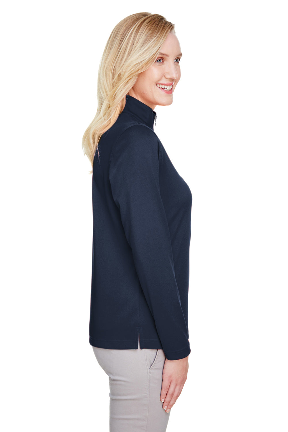 Harriton M748W Womens Advantage Performance Moisture Wicking 1/4 Zip Sweatshirt Dark Navy Blue Model Side