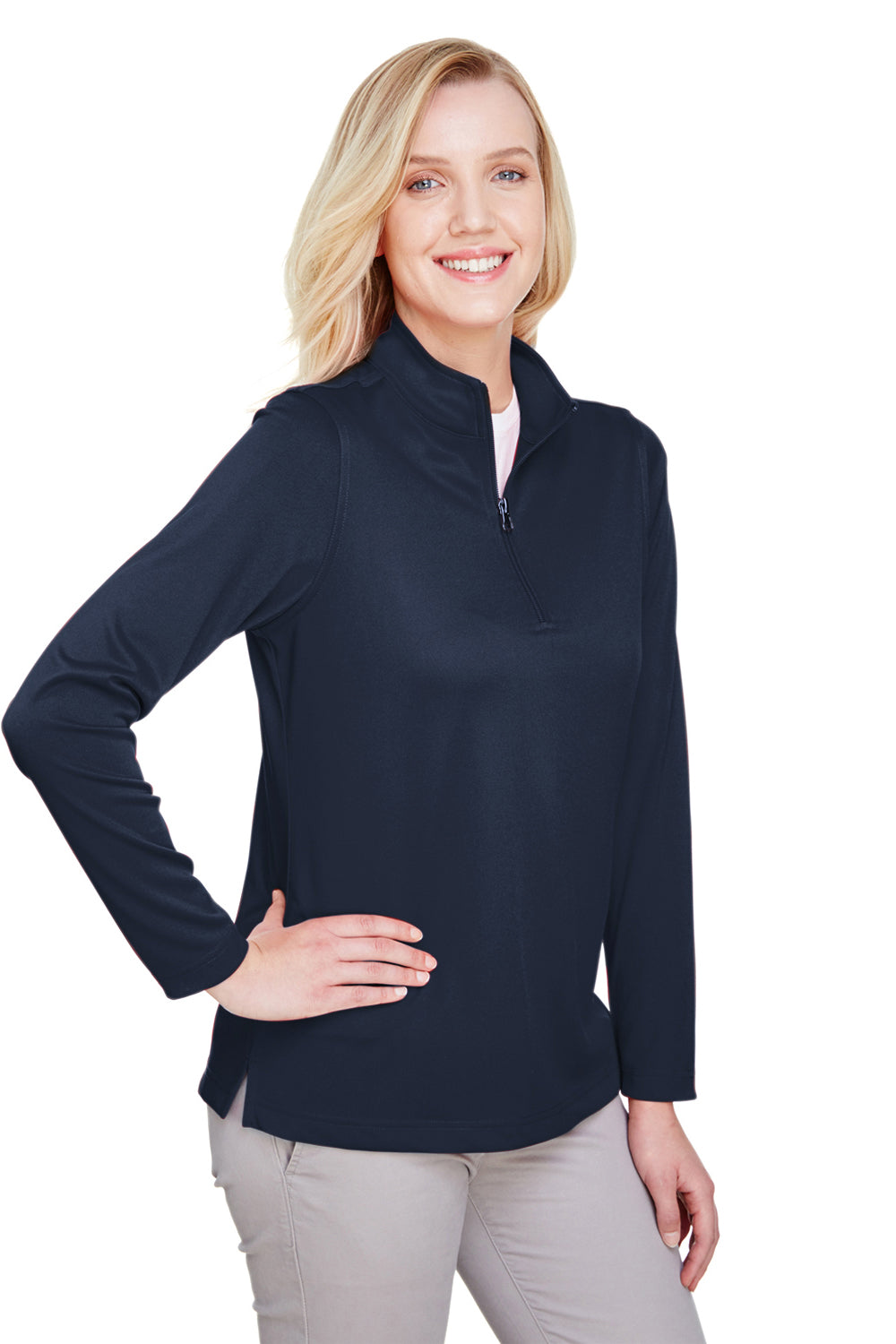 Harriton M748W Womens Advantage Performance Moisture Wicking 1/4 Zip Sweatshirt Dark Navy Blue Model 3q