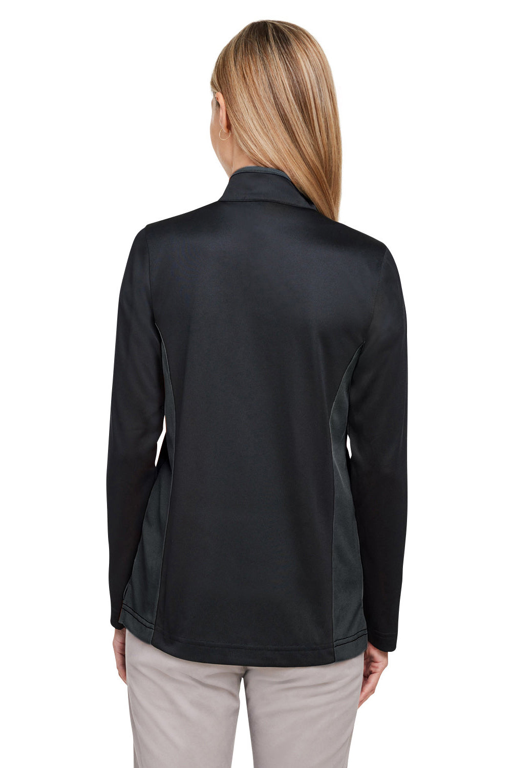 Harriton M786W Womens Flash Performance Moisture Wicking Colorblock 1/4 Zip Sweatshirt Black/Dark Charcoal Grey Model Back