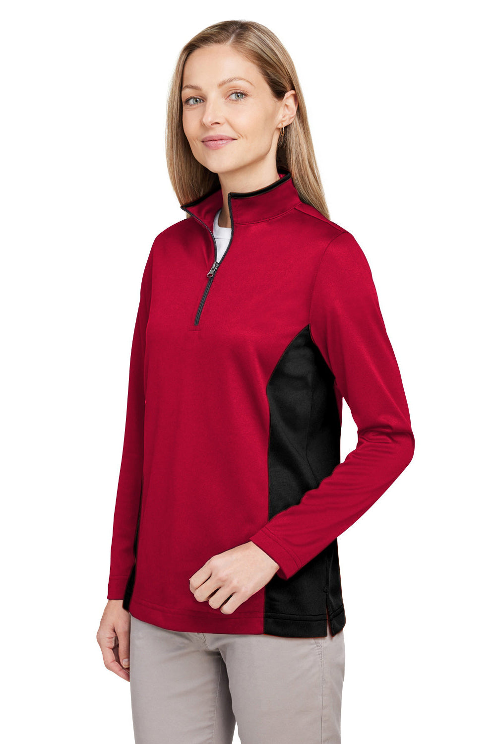 Harriton M786W Womens Flash Performance Moisture Wicking Colorblock 1/4 Zip Sweatshirt Red/Black Model 3q