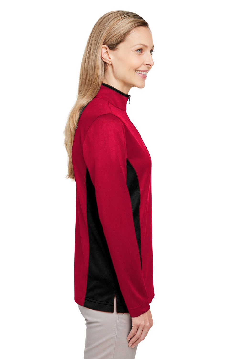 Harriton M786W Womens Flash Performance Moisture Wicking Colorblock 1/4 Zip Sweatshirt Red/Black Model Side