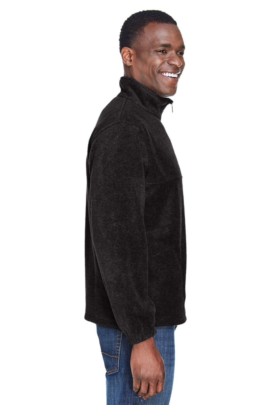 Harriton M980 Mens Pill Resistant Fleece 1/4 Zip Sweatshirt w/ Pockets Black Model Side