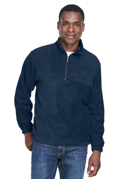Harriton M980 Mens Pill Resistant Fleece 1/4 Zip Sweatshirt w/ Pockets Navy Blue Model Front