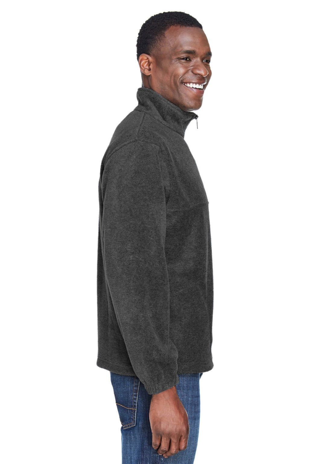 Harriton M980 Mens Pill Resistant Fleece 1/4 Zip Sweatshirt w/ Pockets Charcoal Grey Model Side