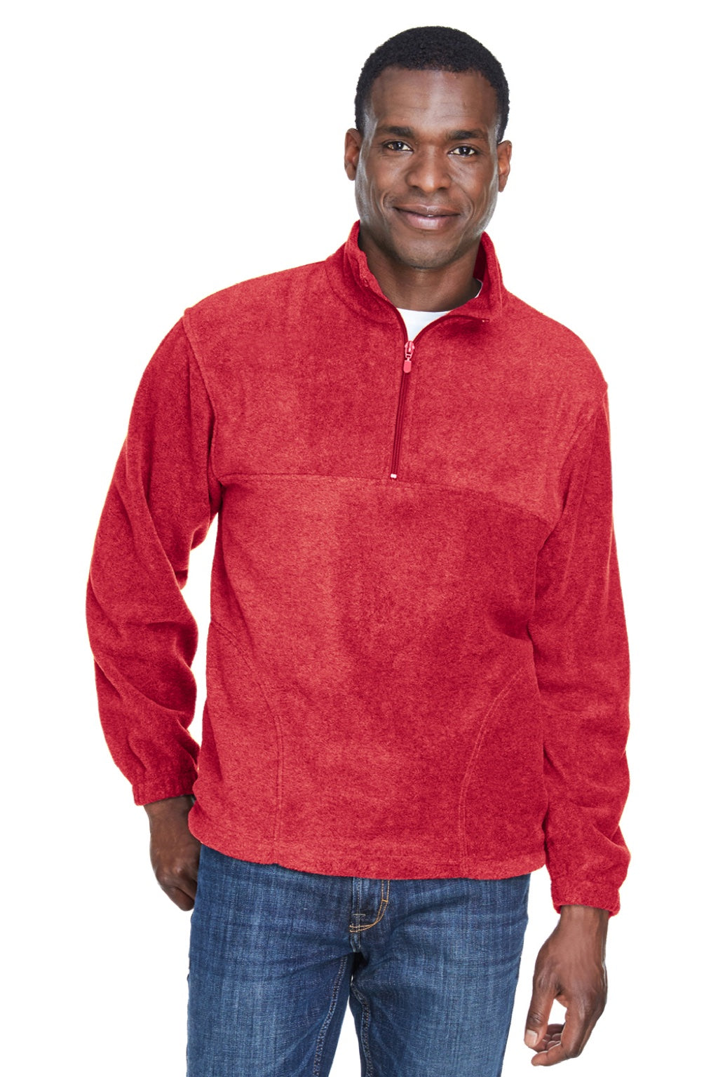 Harriton M980 Mens Pill Resistant Fleece 1/4 Zip Sweatshirt w/ Pockets Red Model Front