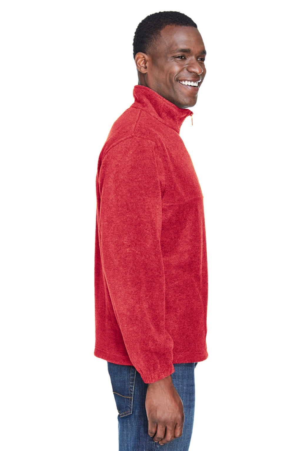 Harriton M980 Mens Pill Resistant Fleece 1/4 Zip Sweatshirt w/ Pockets Red Model Side