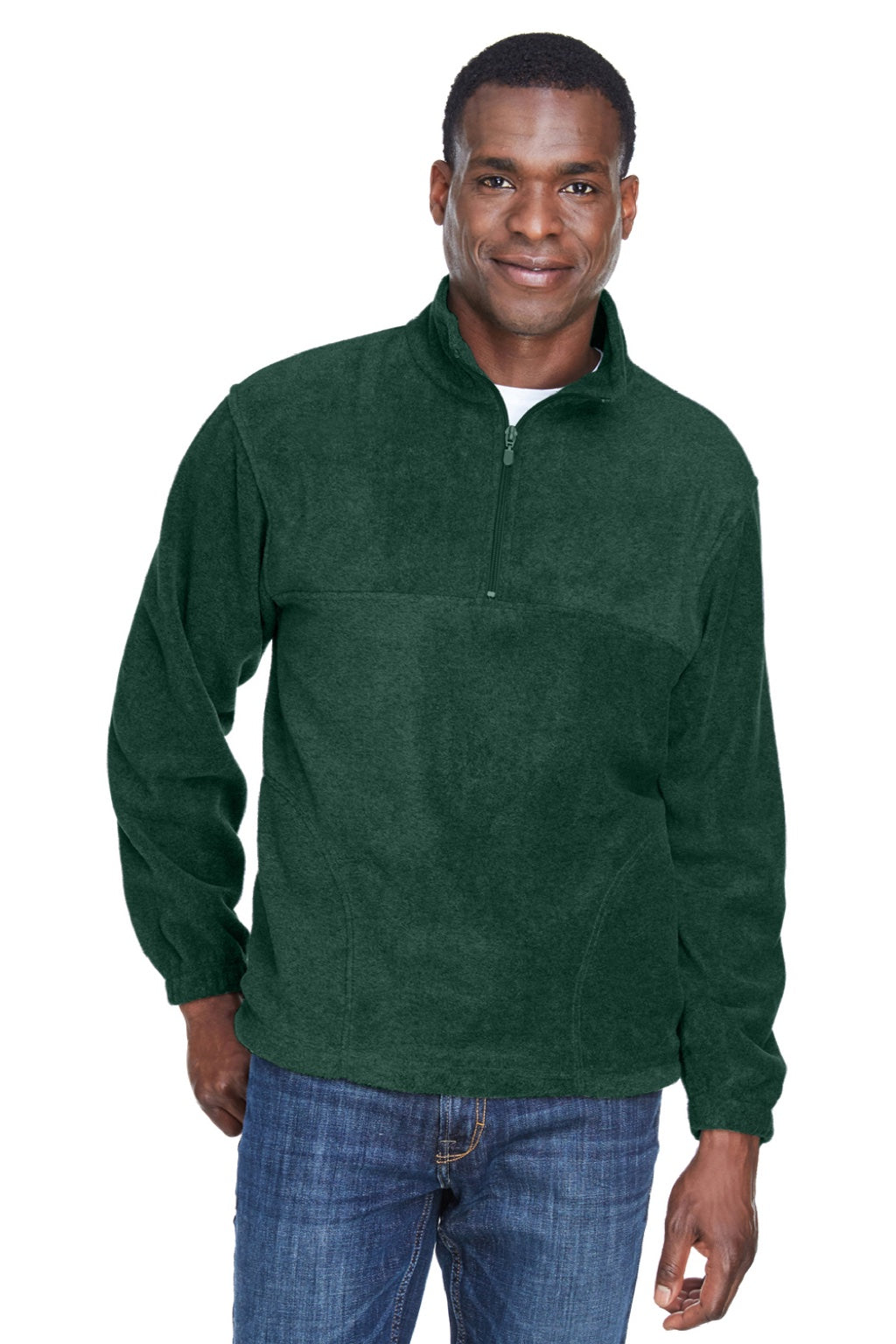 Harriton M980 Mens Pill Resistant Fleece 1/4 Zip Sweatshirt w/ Pockets Hunter Green Model Front