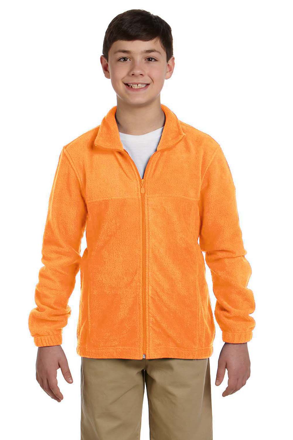 Harriton M990Y Youth Pill Resistant Fleece Full Zip Jacket Safety Orange Model Front