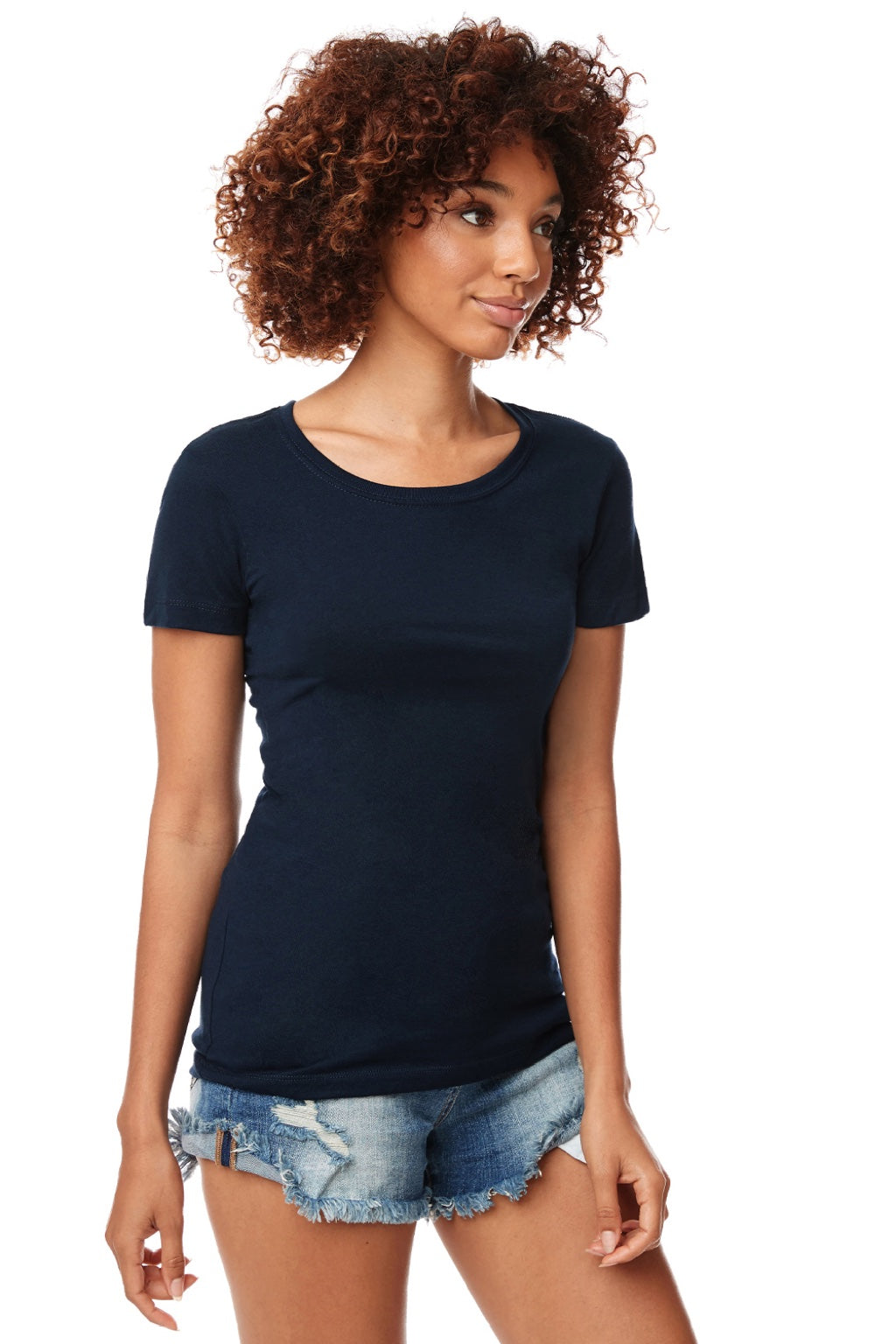 Next Level 1510 Womens Ideal Jersey Short Sleeve Crewneck T-Shirt Midnight Navy Blue Model Side