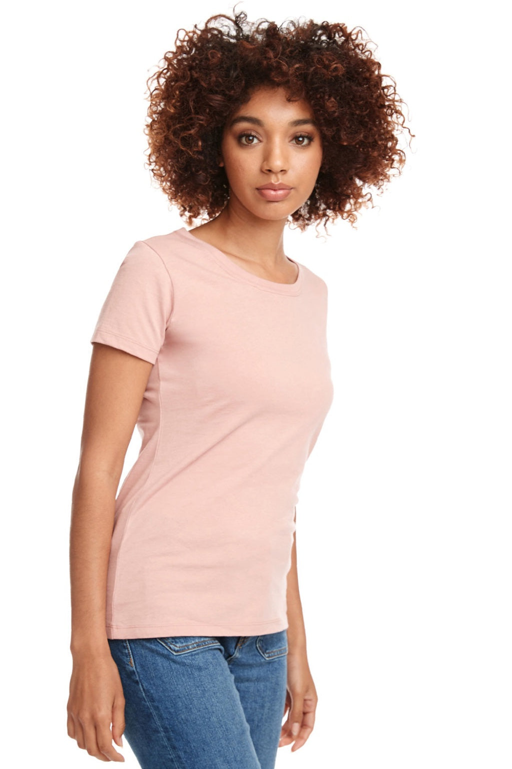 Next Level 1510 Womens Ideal Jersey Short Sleeve Crewneck T-Shirt Desert Pink Model Side