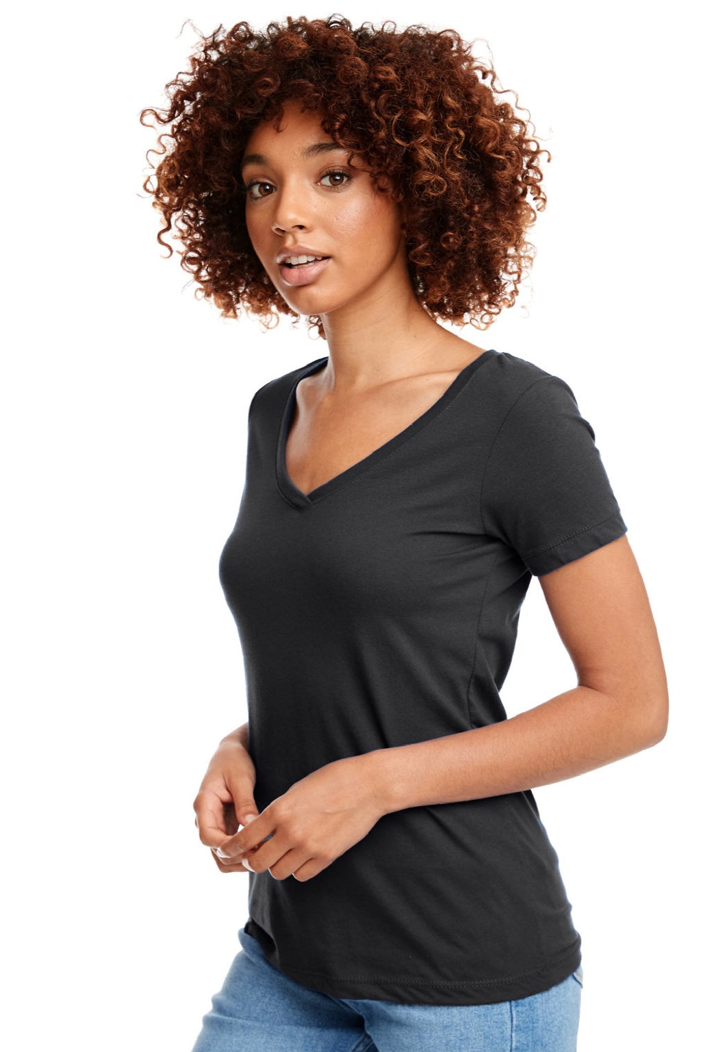 Next Level NL1540/1540 Womens Ideal Jersey Short Sleeve V-Neck T-Shirt Dark Grey Model Side