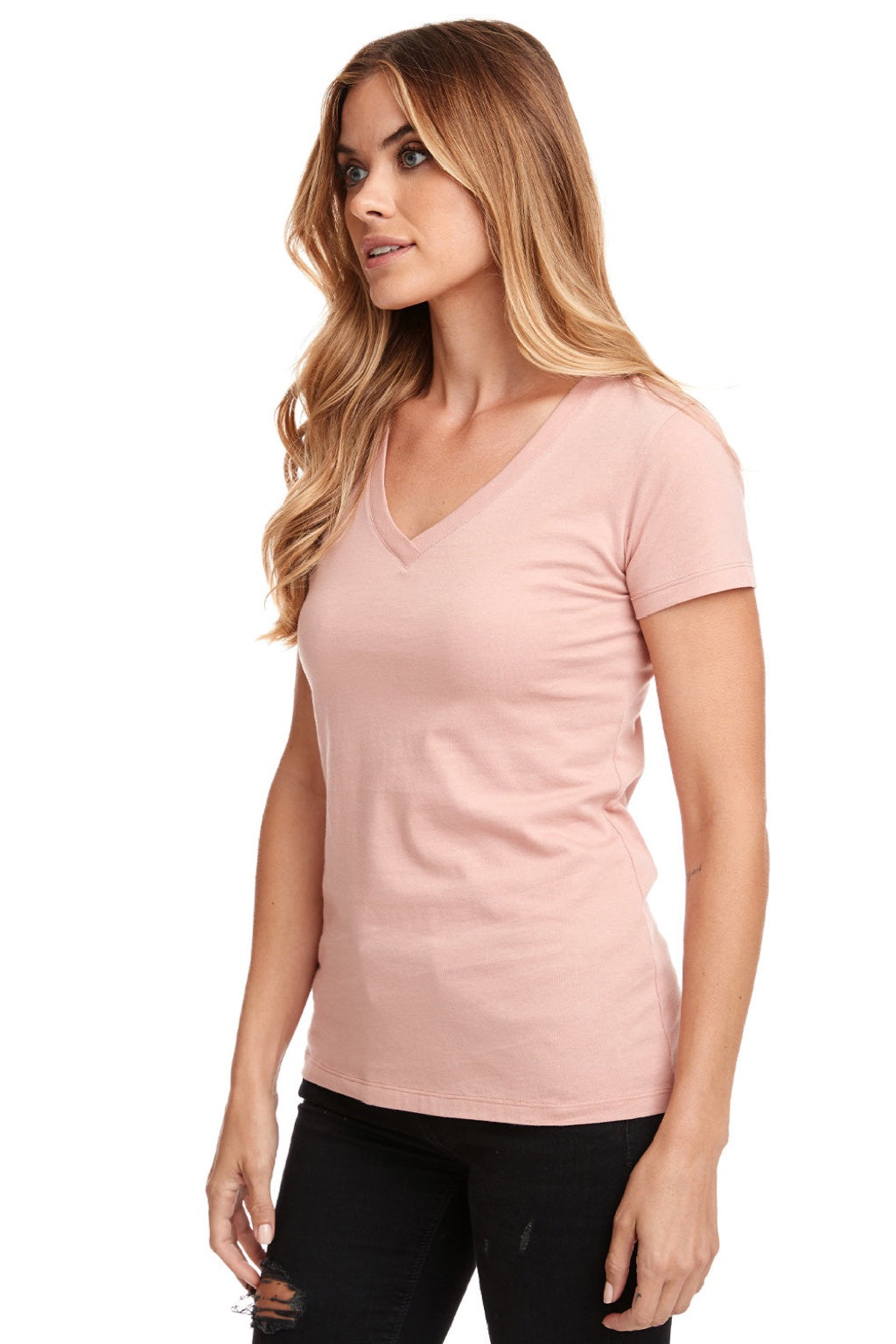 Next Level NL1540/1540 Womens Ideal Jersey Short Sleeve V-Neck T-Shirt Desert Pink Model 3Q