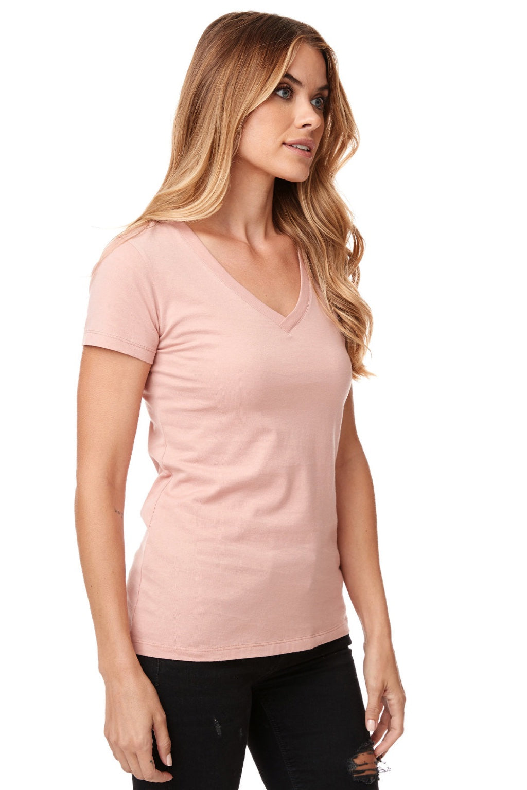 Next Level NL1540/1540 Womens Ideal Jersey Short Sleeve V-Neck T-Shirt Desert Pink Model Side