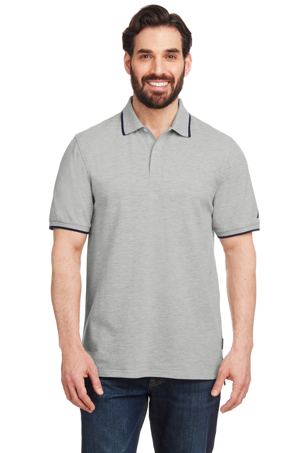 Nautica N17165 Mens Desk Short Sleeve Polo Shirt Oxford Grey/Navy Blue Model Front