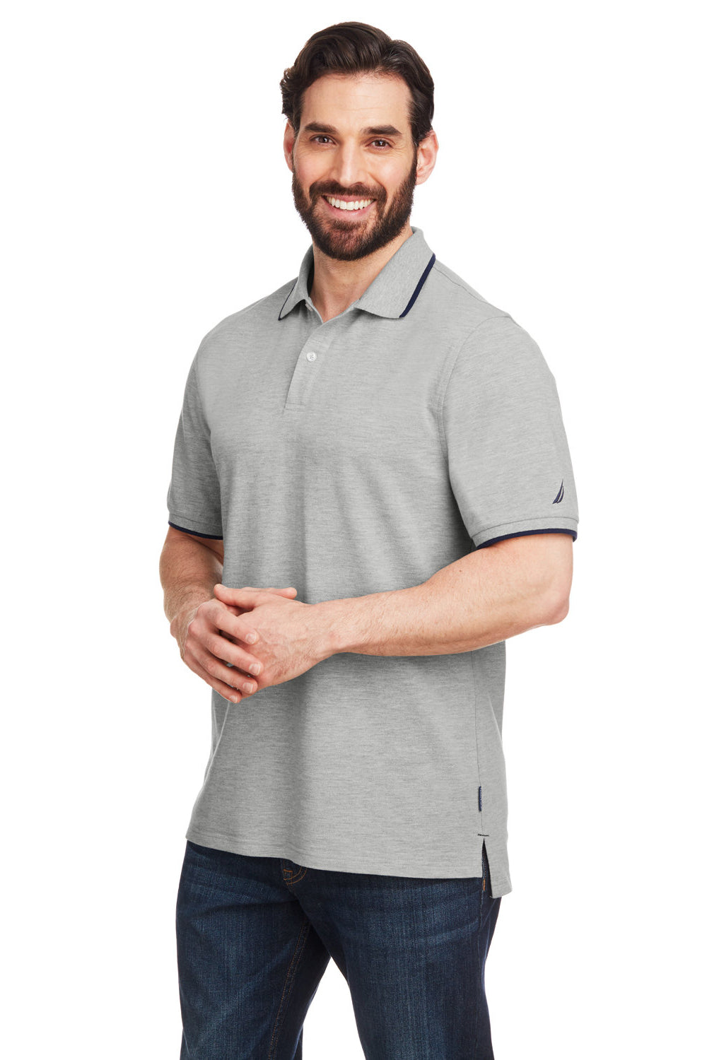 Nautica N17165 Mens Desk Short Sleeve Polo Shirt Oxford Grey/Navy Blue Model 3q