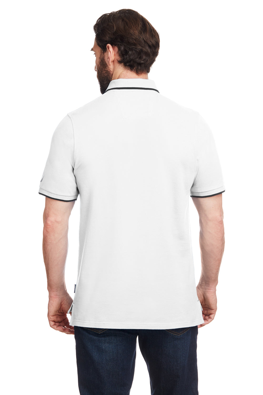 Nautica N17165 Mens Desk Short Sleeve Polo Shirt White/Navy Blue Model Back