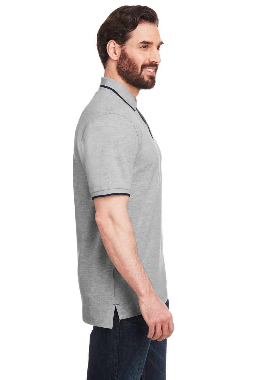 Nautica N17165 Mens Desk Short Sleeve Polo Shirt Oxford Grey/Navy Blue Model Side