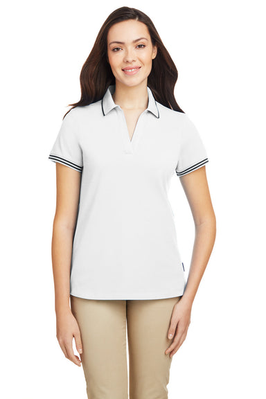 Nautica N17168 Womens Desk Short Sleeve Polo Shirt White/Navy Blue Model Front