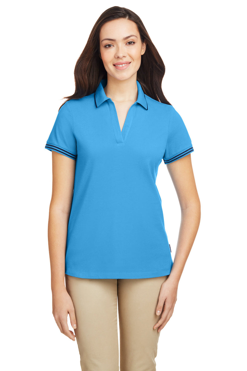 Nautica N17168 Womens Desk Short Sleeve Polo Shirt Azure Blue/Navy Blue Model Front