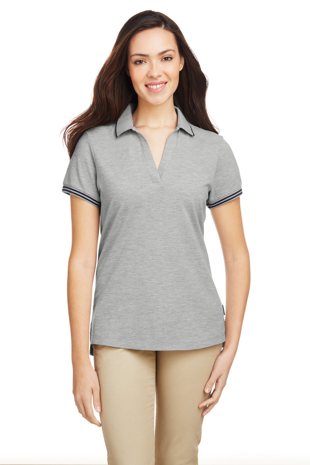 Nautica N17168 Womens Desk Short Sleeve Polo Shirt Oxford Grey/Navy Blue Model Front