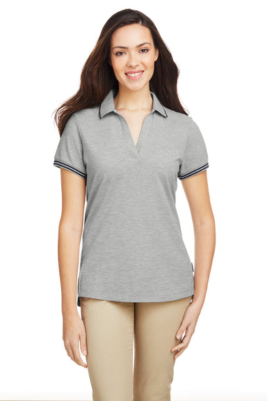 Nautica N17168 Womens Desk Short Sleeve Polo Shirt Oxford Grey/Navy Blue Model Front