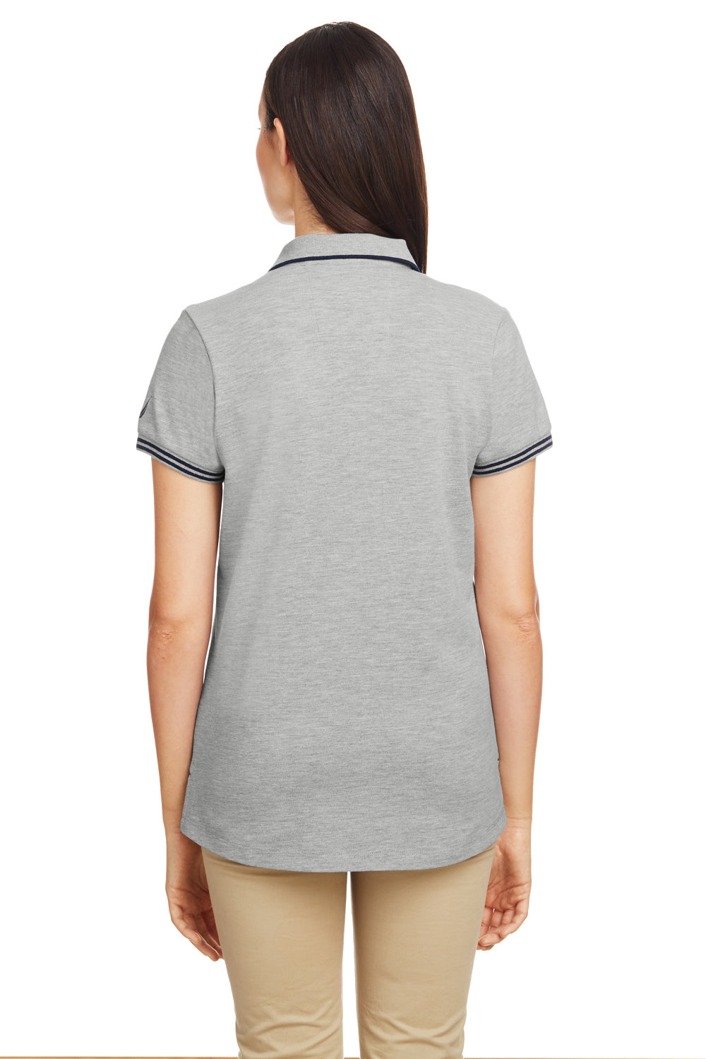 Nautica N17168 Womens Desk Short Sleeve Polo Shirt Oxford Grey/Navy Blue Model Back