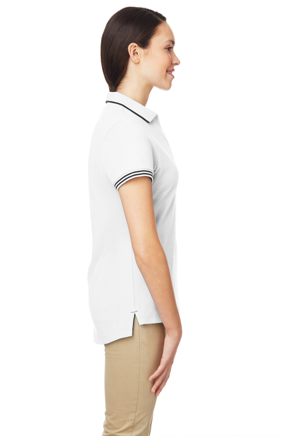 Nautica N17168 Womens Desk Short Sleeve Polo Shirt White/Navy Blue Model Side