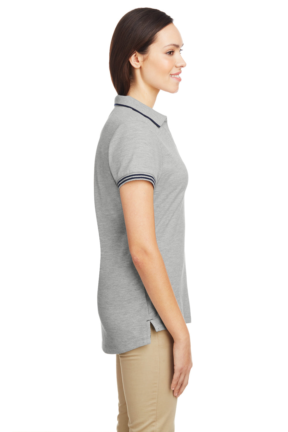 Nautica N17168 Womens Desk Short Sleeve Polo Shirt Oxford Grey/Navy Blue Model Side