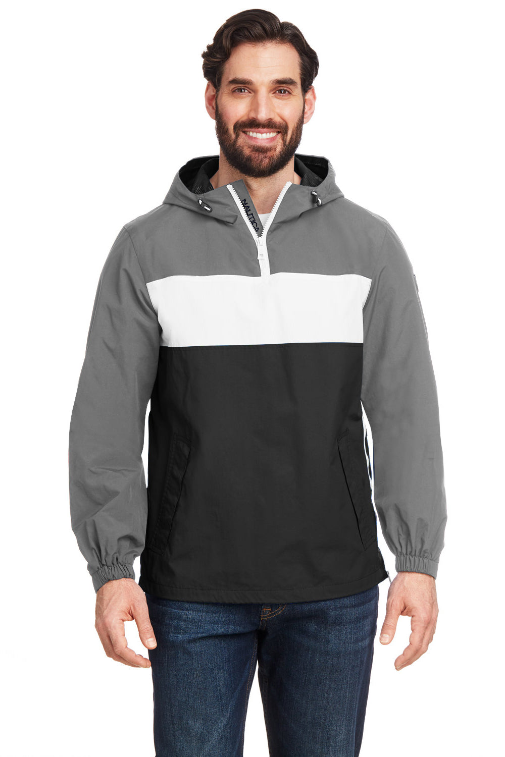Nautica N17174 Mens Windward Wind & Water Resistant 1/4 Zip Hooded Jacket Graphite Grey/Black Model Front