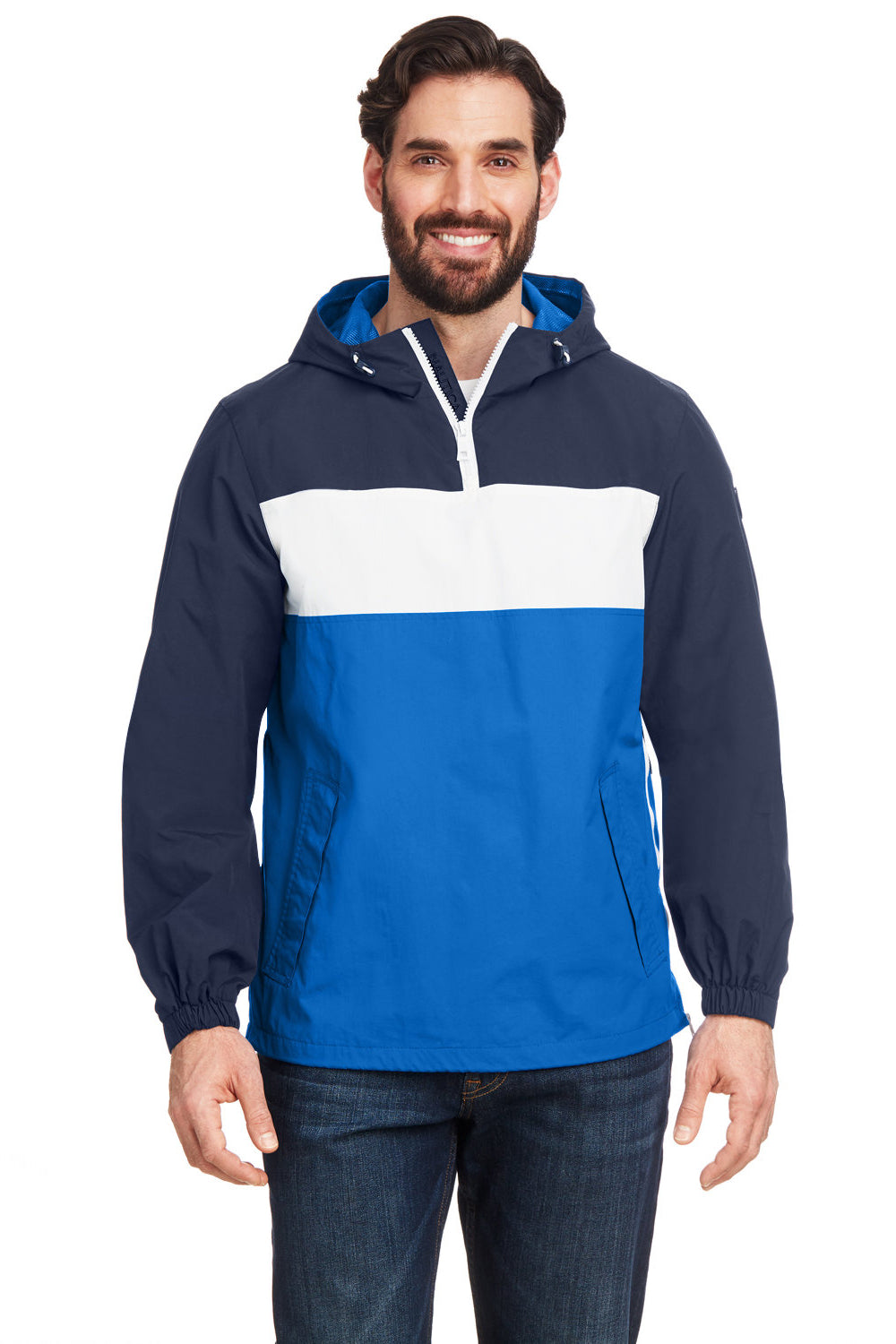 Nautica N17174 Mens Windward Wind & Water Resistant 1/4 Zip Hooded Jacket Navy Blue/Royal Blue Model Front