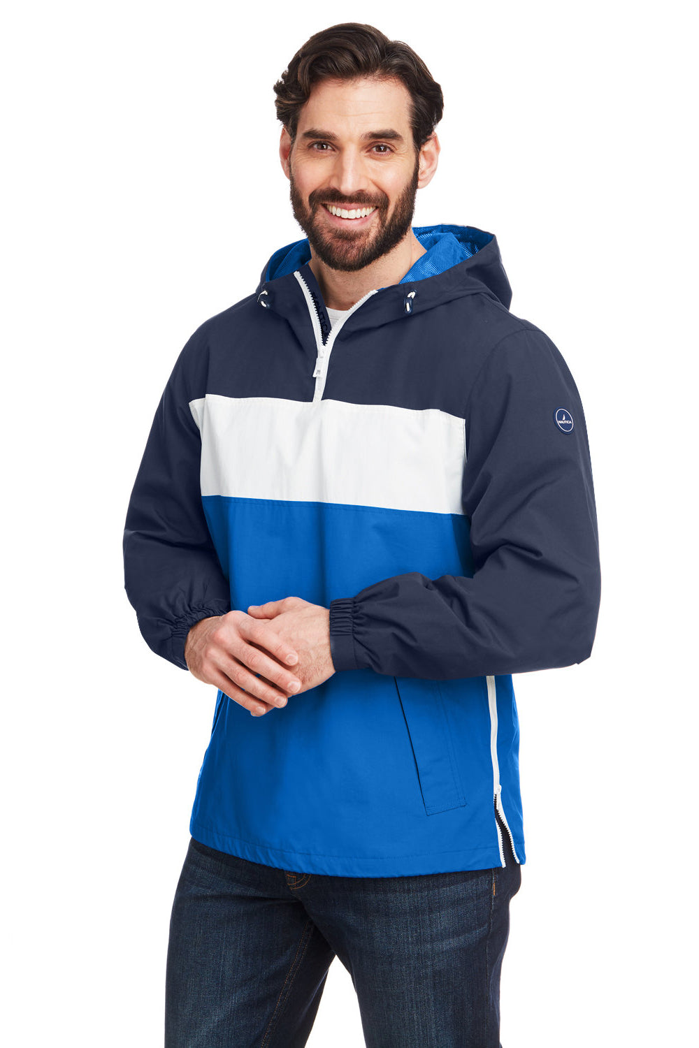 Nautica N17174 Mens Windward Wind & Water Resistant 1/4 Zip Hooded Jacket Navy Blue/Royal Blue Model 3q