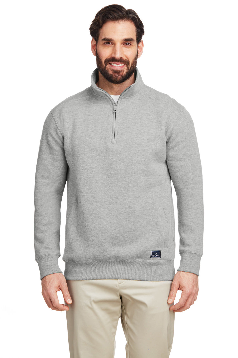 Nautica N17176 Mens Anchor 1/4 Zip Sweatshirt w/ Pockets Oxford Grey Model Front