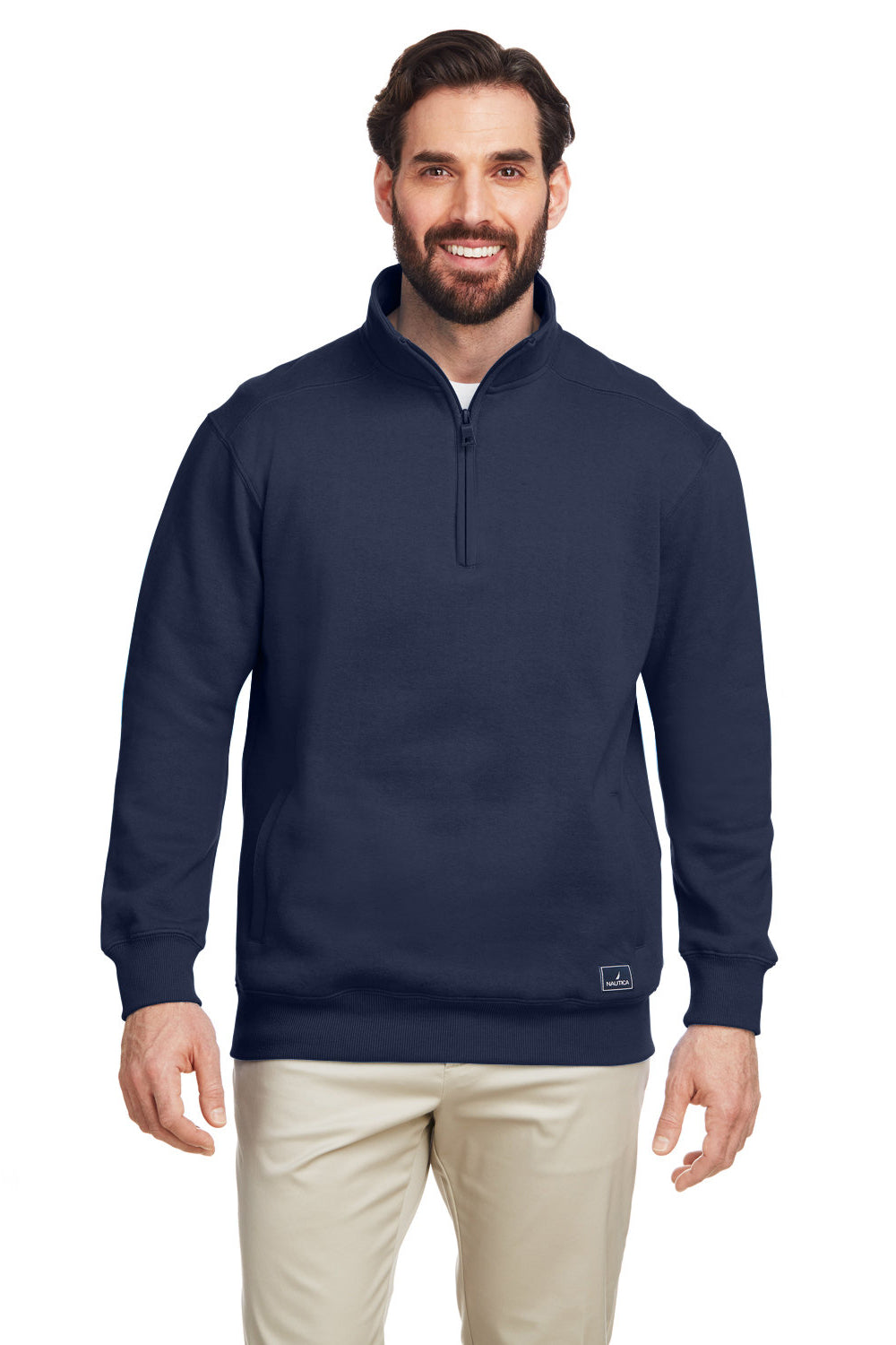 Nautica N17176 Mens Anchor 1/4 Zip Sweatshirt w/ Pockets Navy Blue Model Front