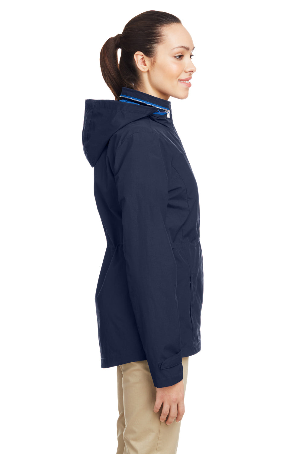 Nautica N17183 Womens Voyage Water Resistant Full Zip Hooded Jacket Navy Blue Model Side