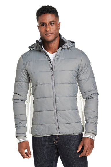 Nautica N17186 Mens Nautical Mile Wind Resistant Packable Full Zip Hooded Puffer Jacket Graphite Grey/Antique White Model Front