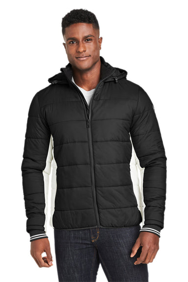 Nautica N17186 Mens Nautical Mile Wind Resistant Packable Full Zip Hooded Puffer Jacket Black/Antique White Model Front