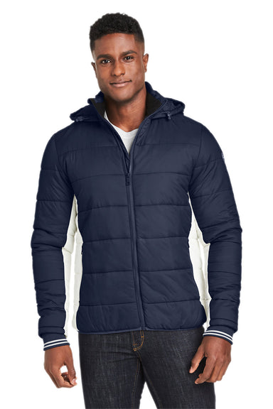 Nautica N17186 Mens Nautical Mile Wind Resistant Packable Full Zip Hooded Puffer Jacket Night Navy Blue/Antique White Model Front
