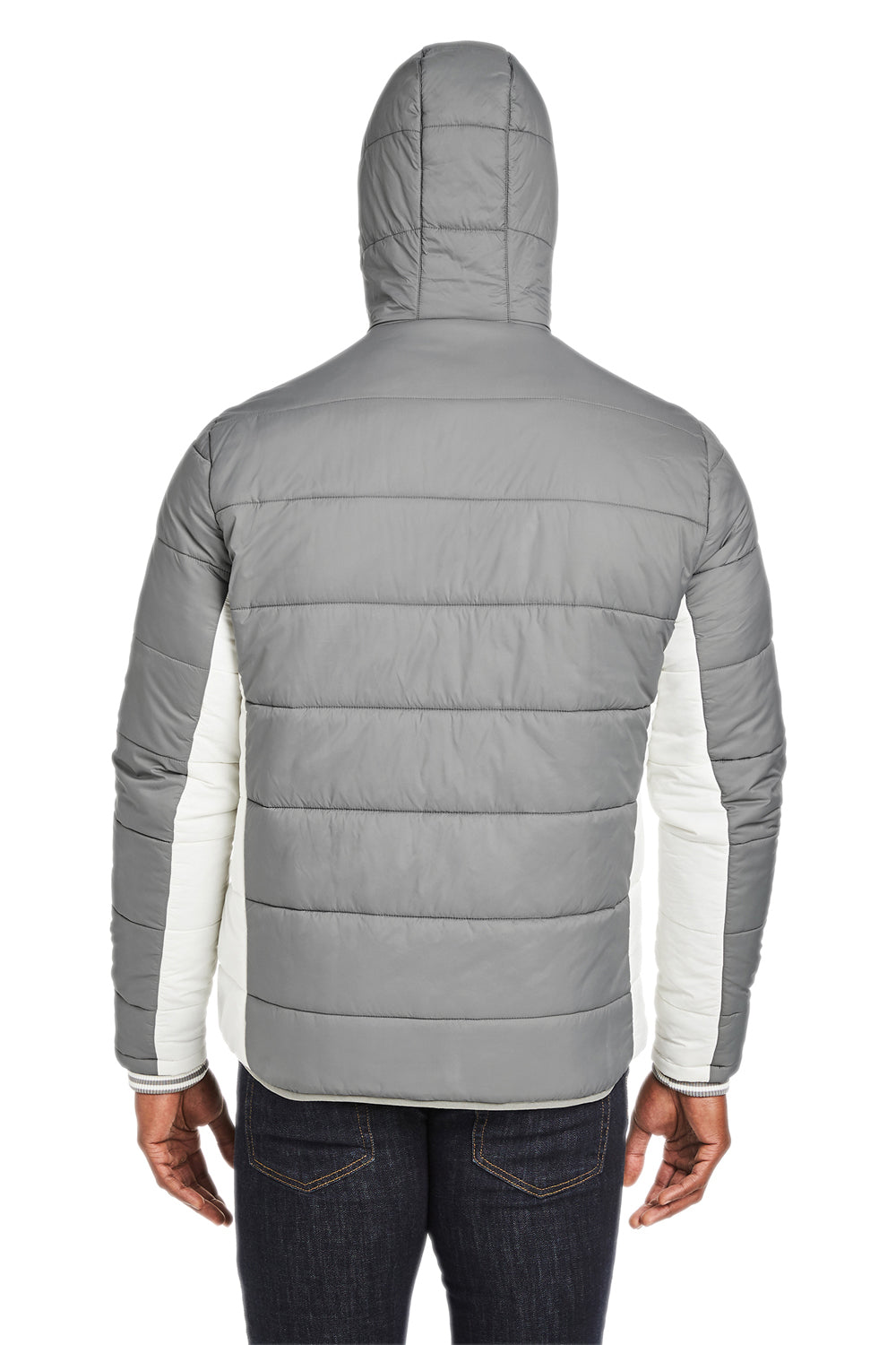 Nautica N17186 Mens Nautical Mile Wind Resistant Packable Full Zip Hooded Puffer Jacket Graphite Grey/Antique White Model Back