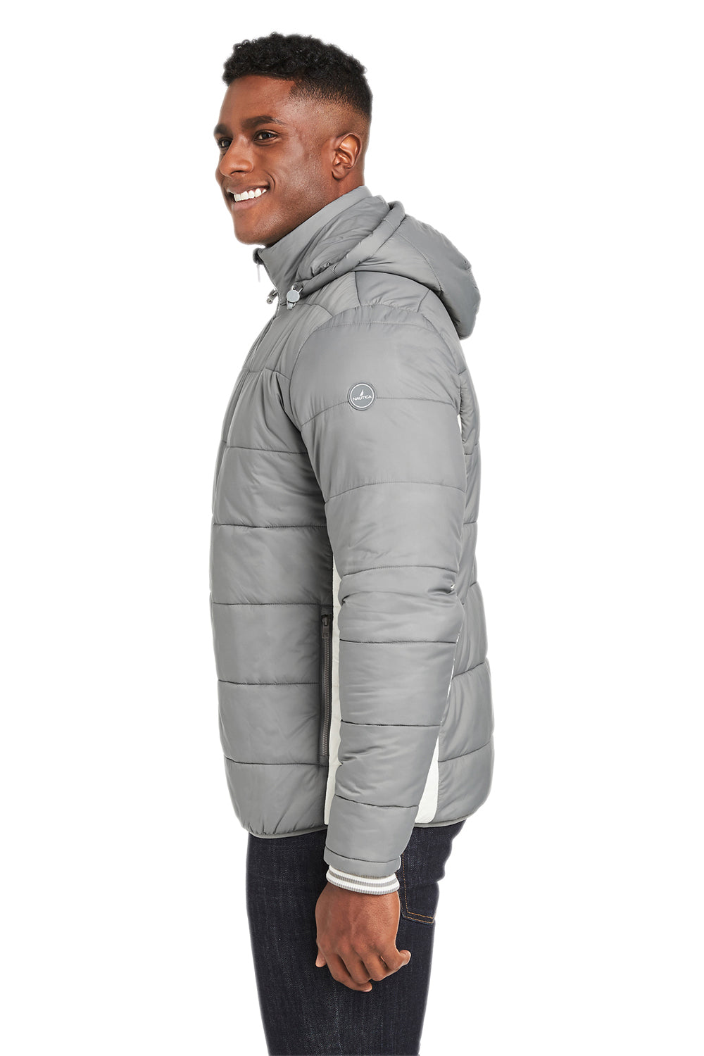 Nautica N17186 Mens Nautical Mile Wind Resistant Packable Full Zip Hooded Puffer Jacket Graphite Grey/Antique White Model Side