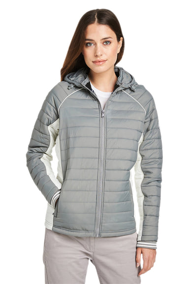 Nautica N17187 Womens Nautical Mile Wind & Water Resistant Packable Full Zip Hooded Puffer Jacket Graphite Grey/Antique White Model Front