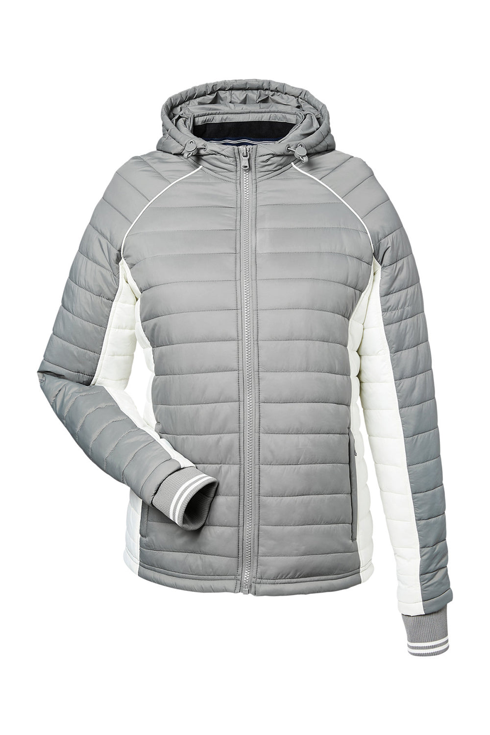 Nautica N17187 Womens Nautical Mile Wind & Water Resistant Packable Full Zip Hooded Puffer Jacket Graphite Grey/Antique White Flat Front