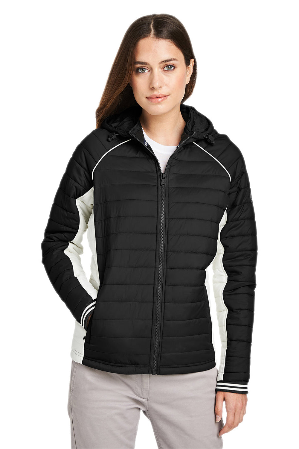 Nautica N17187 Womens Nautical Mile Wind & Water Resistant Packable Full Zip Hooded Puffer Jacket Black/Antique White Model Front