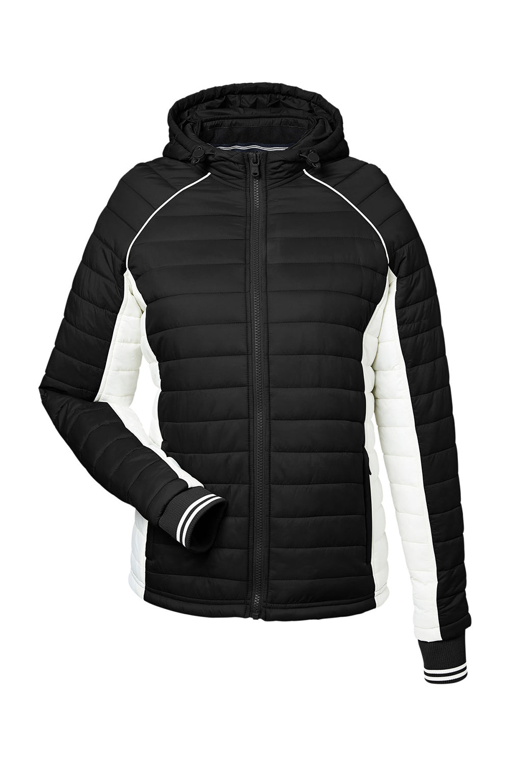Nautica N17187 Womens Nautical Mile Wind & Water Resistant Packable Full Zip Hooded Puffer Jacket Black/Antique White Flat Front