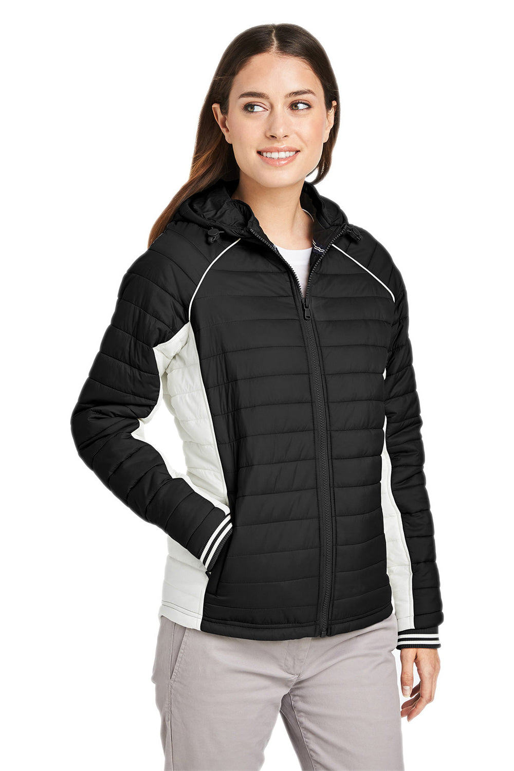 Nautica N17187 Womens Nautical Mile Wind & Water Resistant Packable Full Zip Hooded Puffer Jacket Black/Antique White Model 3q