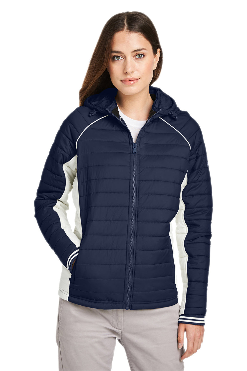 Nautica N17187 Womens Nautical Mile Wind & Water Resistant Packable Full Zip Hooded Puffer Jacket Night Navy Blue/Antique White Model Front