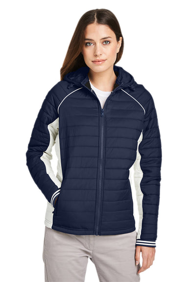 Nautica N17187 Womens Nautical Mile Wind & Water Resistant Packable Full Zip Hooded Puffer Jacket Night Navy Blue/Antique White Model Front